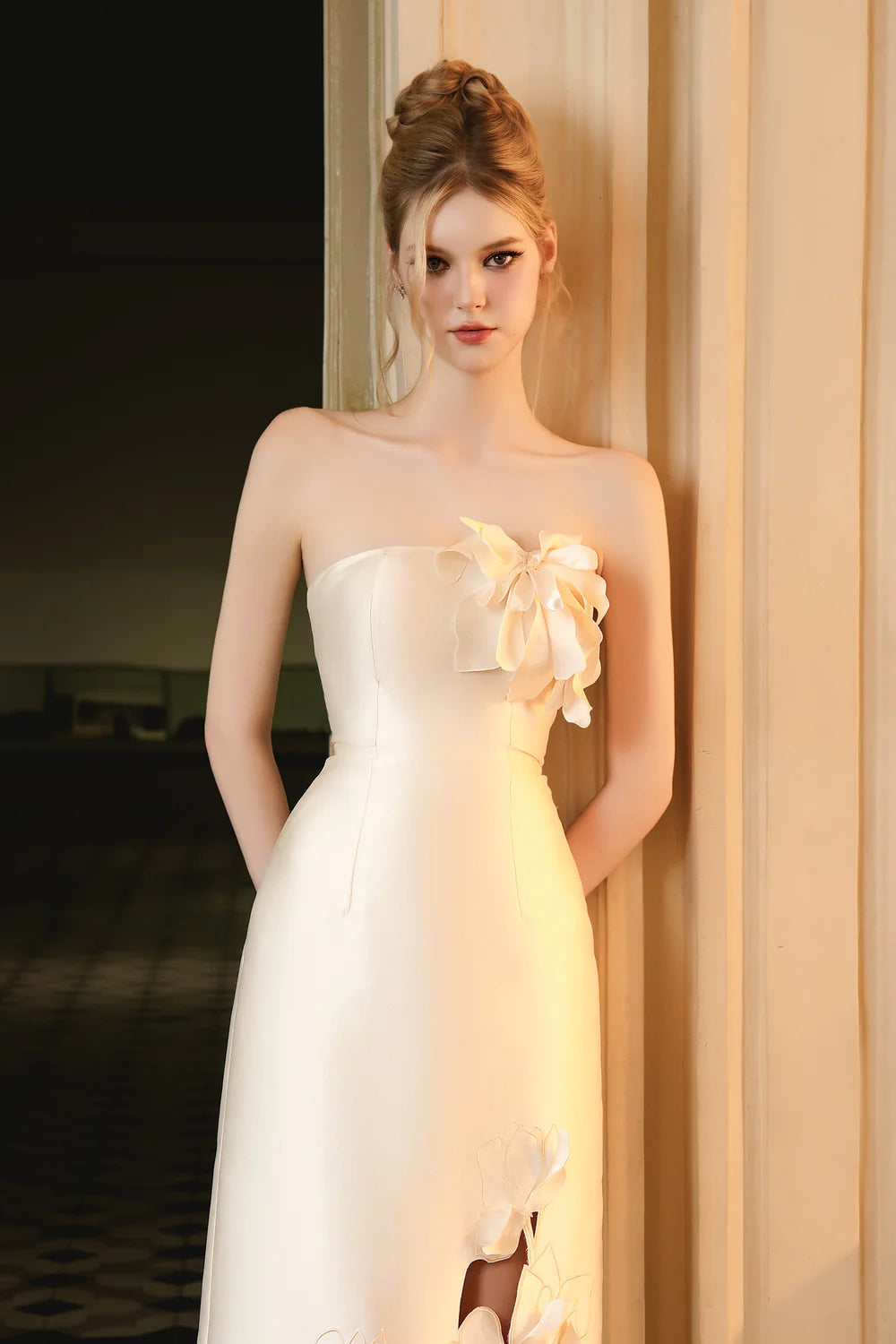 Graham Sheath Flower Applique Taffeta Midi Dress