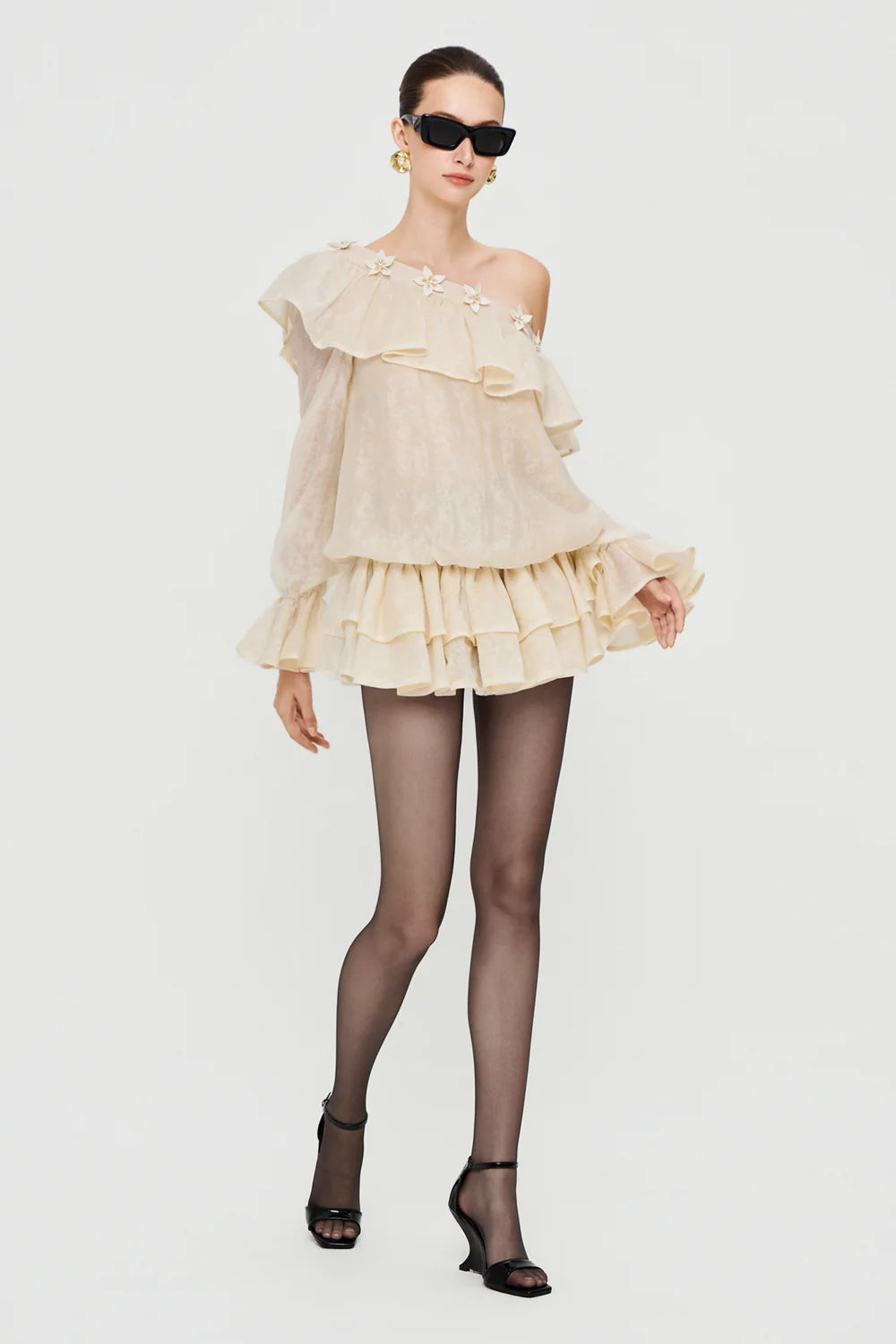 Lavallière Asymmetric Neck Applique Mini Dress