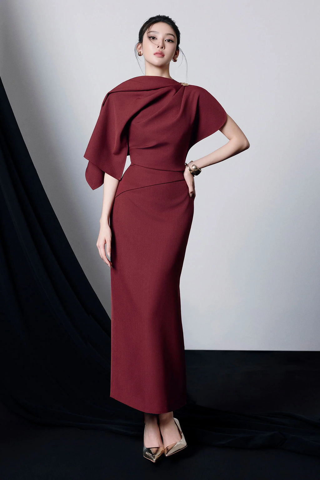 Agnes Asymmetric Sleeve Draped Midi Dress