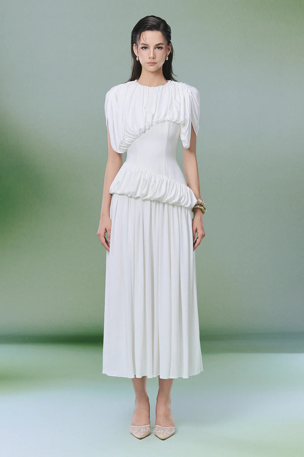 Voayage A-line Gathering Midi Dress