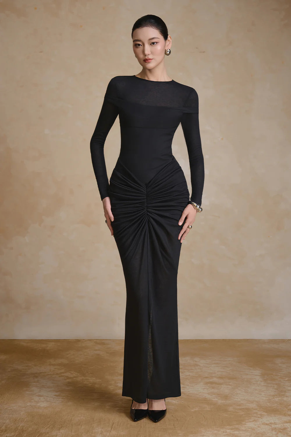 Scoria Boat Neck Gathering Maxi Dress