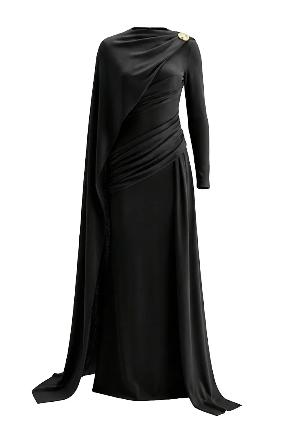 Cindra Asymmetric Sleeve Gathering Maxi Dress