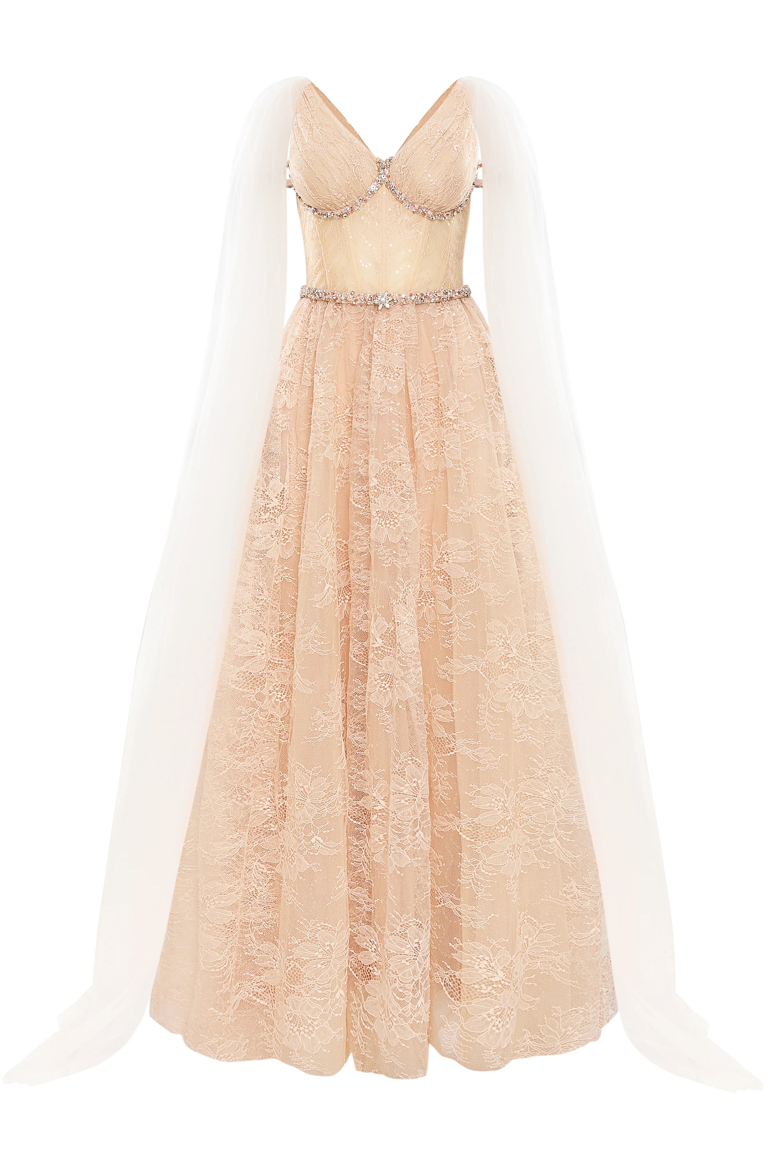 Solenne A-line V-Neck Chantilly Lace Maxi Dress