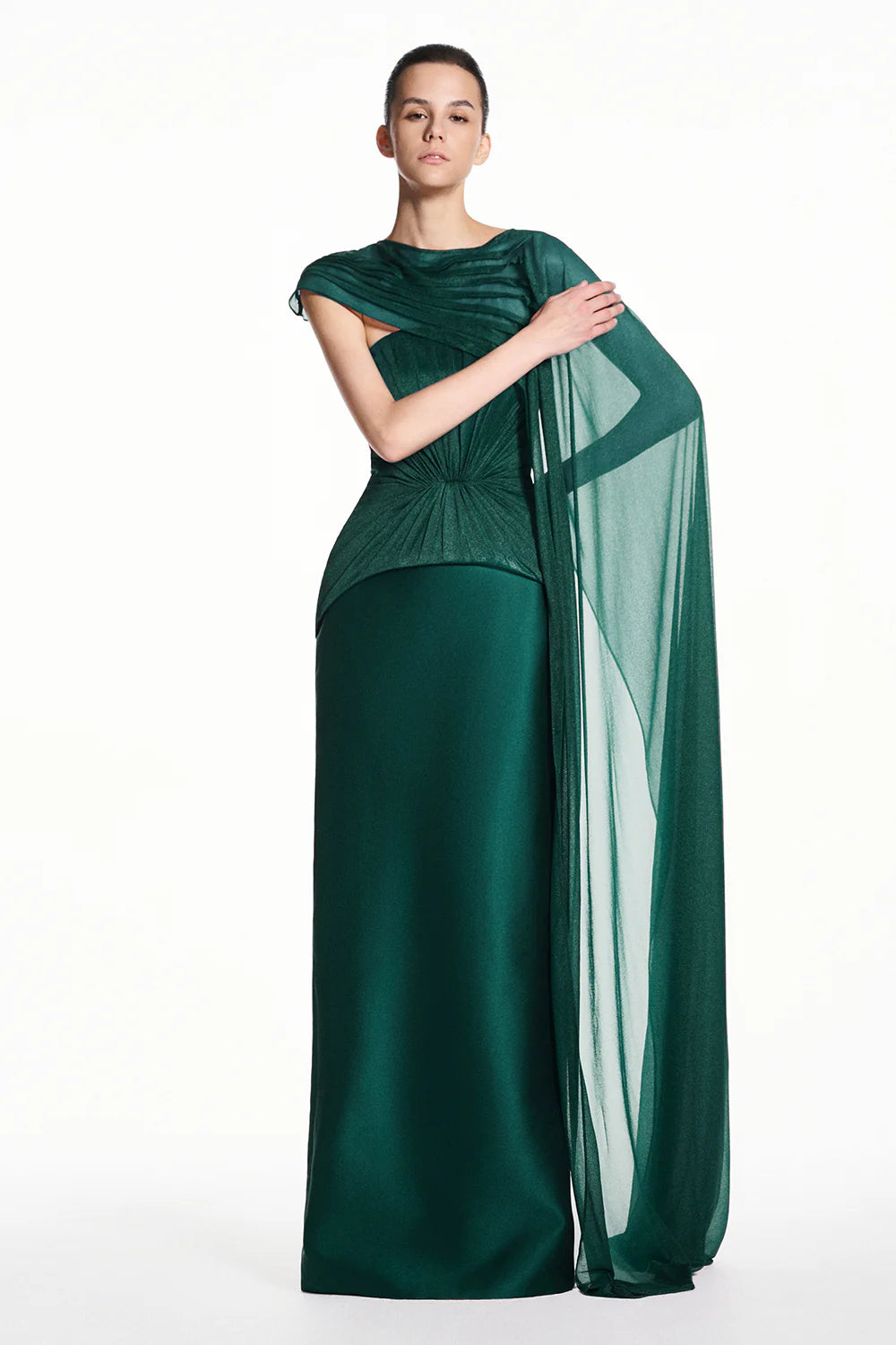 Alba Asymmetric Sleeve Draped Maxi Dress