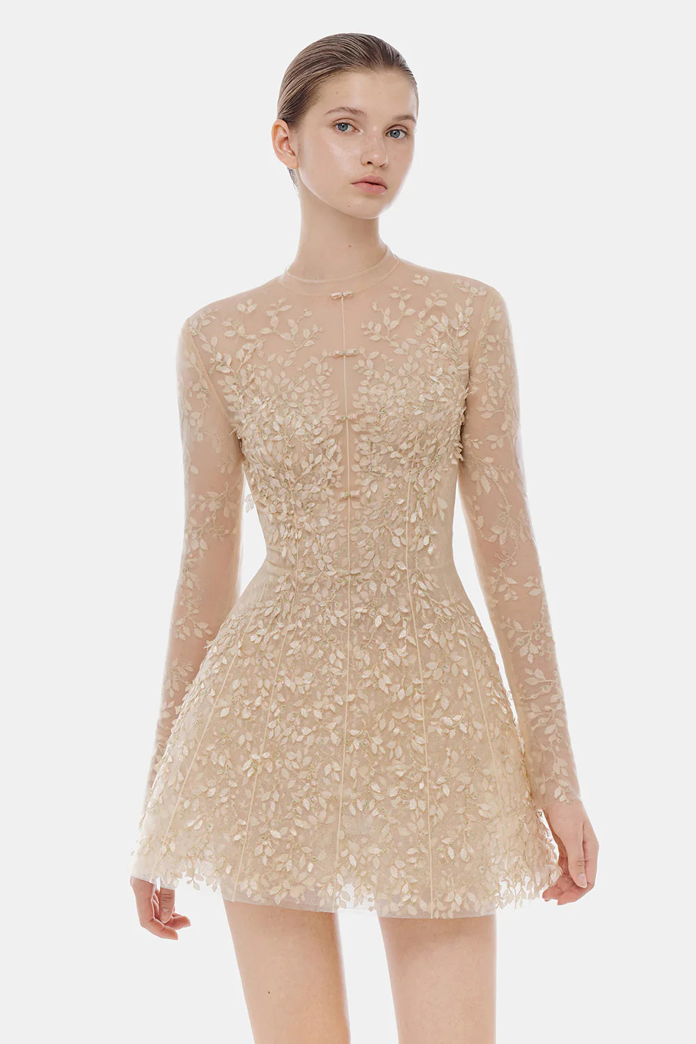 Isabeau High Neck Embroidery Mini Dress