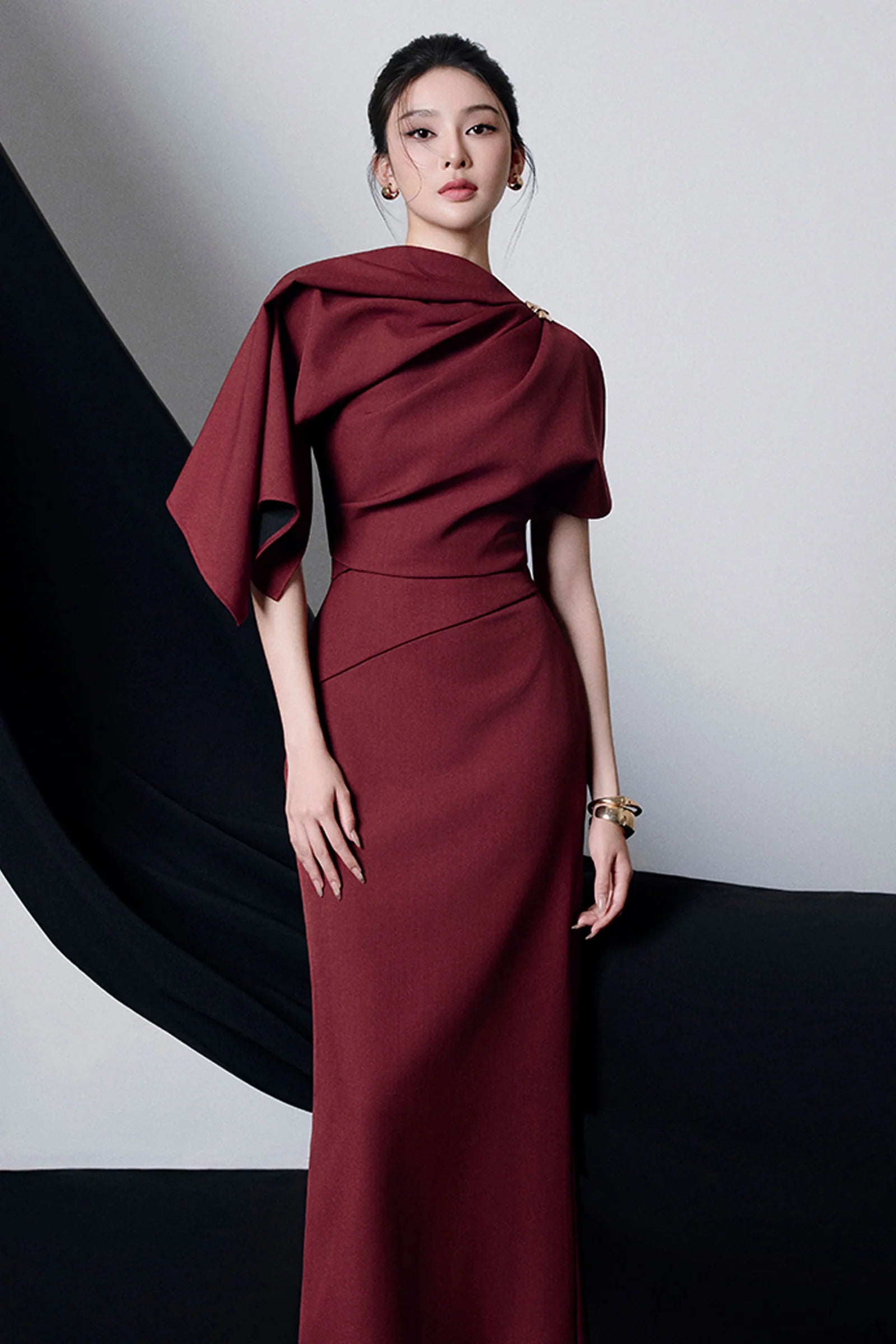 Agnes Asymmetric Sleeve Draped Midi Dress