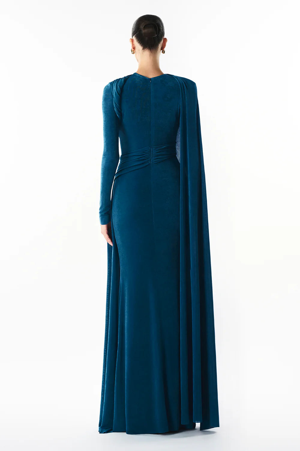 Cindra Asymmetric Sleeve Gathering Maxi Dress