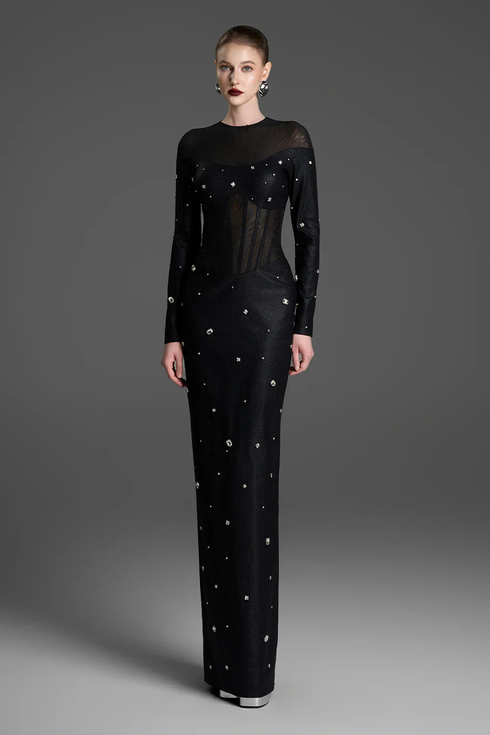 Alessia Mock Neck Rhinestones Maxi Dress